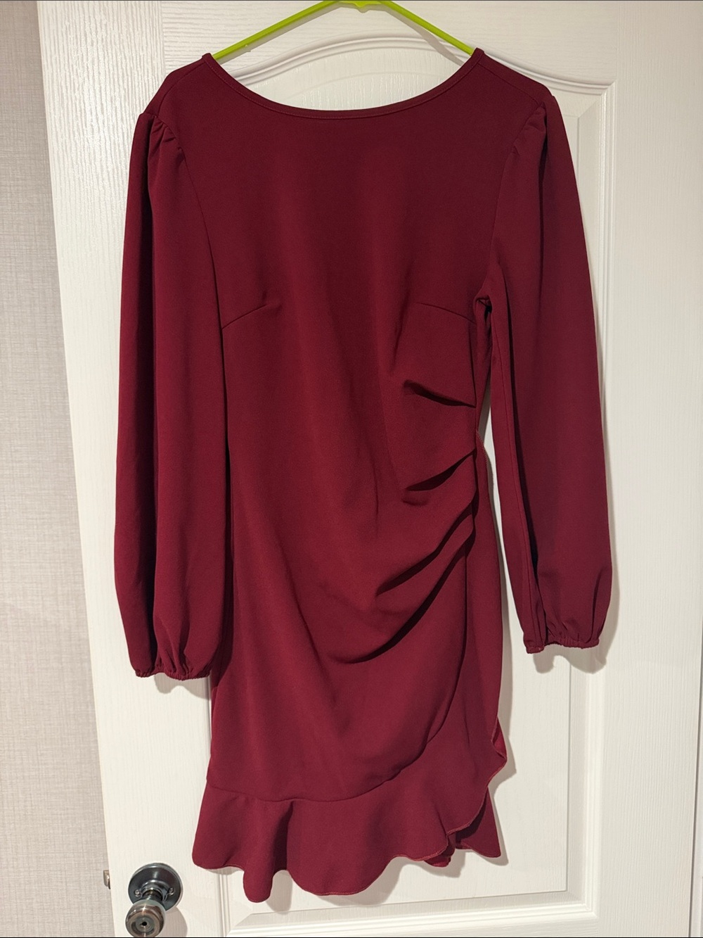 Women's Burgundy Long-Sleeve Ruffle Hem Dress